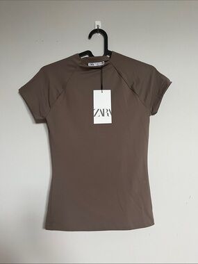 ZARA Short Sleeve Crew Neck Top — Taupe Brown